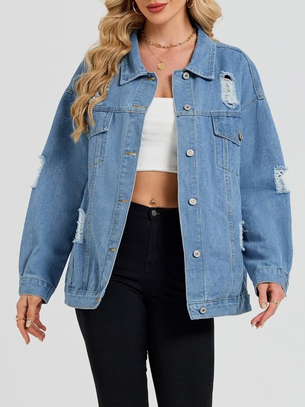 〽️Women's Blue Light Wash Oversized Distressed Denim Boyfriend Fit Jean Jacket - Picture 3 of 6